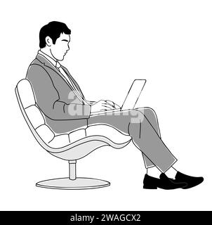 Geschäftsmann, der im Sessel sitzt und am Laptop arbeitet Stock Vektor