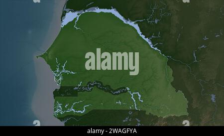 Senegal wird auf einer blassfarbenen Höhenkarte mit Seen und Flüssen hervorgehoben Stockfoto