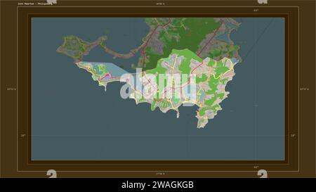 Sint Maarten wird auf einer topografischen Karte im OSM-France-Stil mit dem Hauptpunkt des Landes, kartographischem Raster, Entfernungsskala und Kartengrenze hervorgehoben Stockfoto