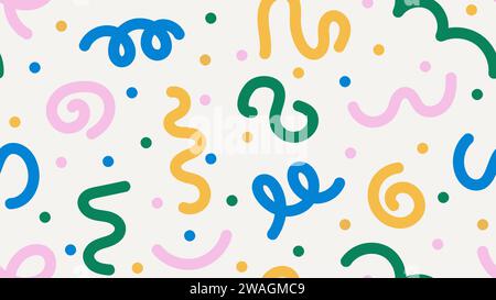 Festliches nahtloses Muster im lustigen Doodle-Stil. Bunte Konfetti, Wirbel, Bündel, handgezeichnete Linienformen auf beigefarbenem Hintergrund Stock Vektor