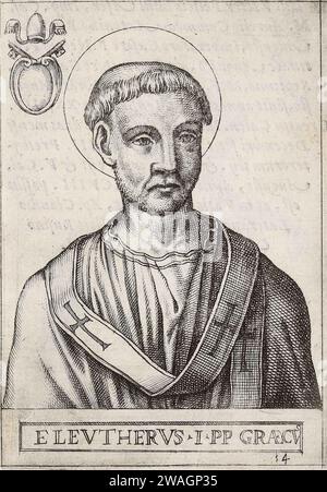 Eine Illustration von Papst Eleutherius aus dem Jahr 1580, der von 174 bis 189 Pontiff war. Er war der dreizehnte Papst. Stockfoto