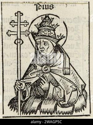 Eine Illustration von Papst Pius I. aus dem Jahr 1493, der von 140 bis 155 Päpste war. Er war der zehnte Papst, und er war es, der befahl, dass Ostern immer auf einen Sonntag fallen sollte. Stockfoto