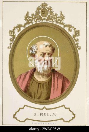 Eine Illustration von Papst Pius I. aus dem Jahr 1879, der von 140 bis 155 Päpste war. Er war der zehnte Papst, und er war es, der befahl, dass Ostern immer auf einen Sonntag fallen sollte. Stockfoto