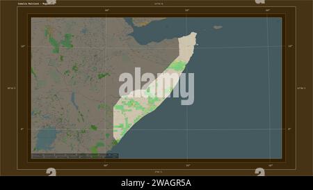 Somalia Festland hervorgehoben auf einer topografischen Karte im OSM-France-Stil mit dem Hauptpunkt des Landes, kartographischem Raster, Entfernungsskala und Karte bo Stockfoto