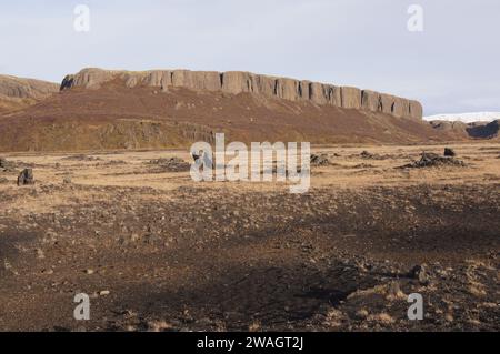 35 km nordöstlich von Hella, Þjórsárdalsvegur, Island Stockfoto