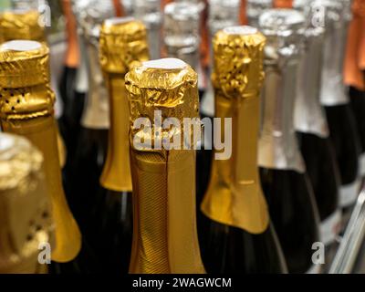 Die Partie Sekt oder Champagnerflaschen stehen in einer Reihe auf dem Weinregal. Selektiver Fokus. Stockfoto