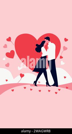 Vektor-Illustration: Verliebtes Paar auf Herzhintergrund. Drückt Liebe mit romantischen Farben aus. Perfekt für Cover und Lieblingsinhalte. Stock Vektor