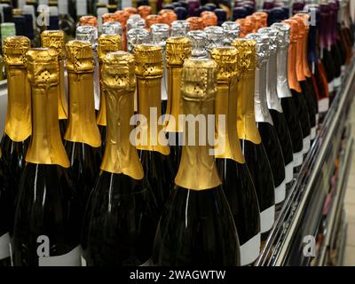 Die Partie Sekt oder Champagnerflaschen stehen in einer Reihe auf dem Weinregal. Selektiver Fokus. Stockfoto