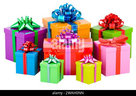 Farbige Geschenkboxen mit Schleifen und Bändern, 3D-Rendering isoliert auf weißem Hintergrund Stockfoto