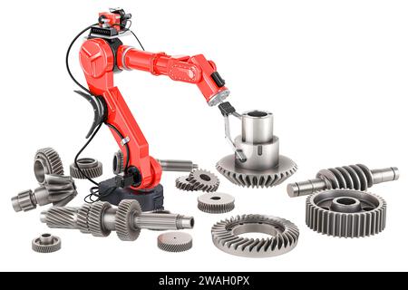 Mechanischer Arm mit Zahnrädern und Zahnrädern, KI-Technik, Konzept. 3D-Rendering isoliert auf weißem Hintergrund Stockfoto