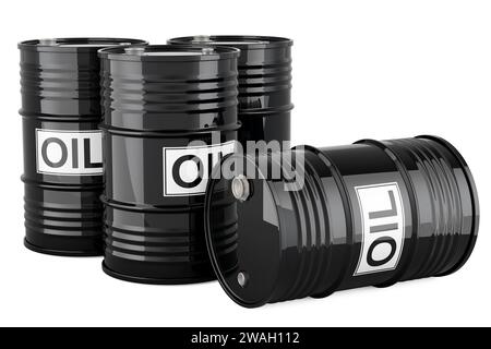 Satz Ölfässer, 3D-Rendering isoliert auf weißem Hintergrund Stockfoto