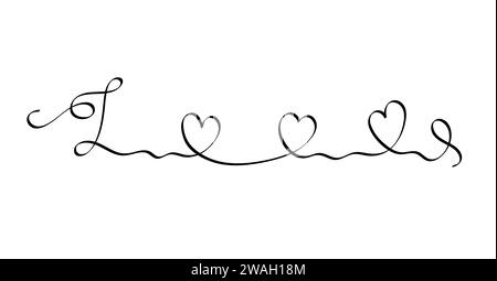 Liebe mit Herzen Hand geschriebene einzelne kontinuierliche Linie Buchstaben Phrase in einfache Doodle Stil Vektor Illustration isoliert für Grußkarte, Postkarten, Poster, Banner, Hochzeitskonzept Stock Vektor