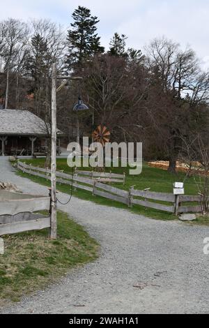 Vertikale Aufnahme einer alten Laterne mit einem Holzpfahl im Park mit blattlosen Bäumen Stockfoto