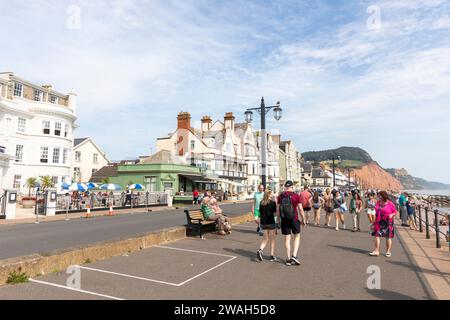 Sidmouth Devon England Menschen spazieren entlang der Esplanade an einem heißen September 2023 Tag, mit Blick auf die rote Sandsteinküste jurassic und Hotelcafés Stockfoto