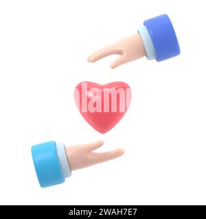 Krankenversicherungskonzept. Schutz Gesundheit. Pflege medizinisch. Die Handflächen schützen das Herz. Symbol Healthcare.3D-Rendering auf weißem Hintergrund. Stockfoto