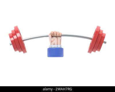 Starkes Konzept. Symbol „Barbell in Hands“. Hand eines Mannes, der eine Hantel hält. Flache 3D-Illustration. Gewichtheben, Training hart Konzept. Sportliche Fitness Stockfoto