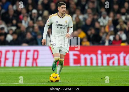 Madrid, Spanien. Januar 2024. Fede Valverde von Real Madrid CF spielte am 3. Januar 2024 im Santiago Bernabeu Stadion in Madrid, Spanien, während des La-Liga-Spiels zwischen Real Madrid und RCD Mallorca. (Foto: Cesar Cebolla/PRESSINPHOTO) Credit: PRESSINPHOTO SPORTS AGENCY/Alamy Live News Stockfoto