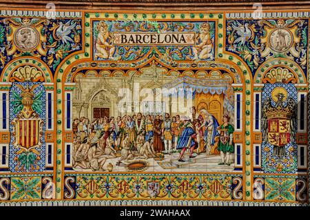 Barcelona-Mosaik auf der Plaza de España, Sevilla, Andalusien, Spanien Stockfoto