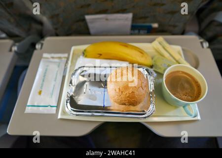 HO-CHI-MINH-STADT, VIETNAM - 24. MÄRZ 2023: Essen in der Economy-Klasse des Airbus A321 von Vietnam Airlines. Stockfoto