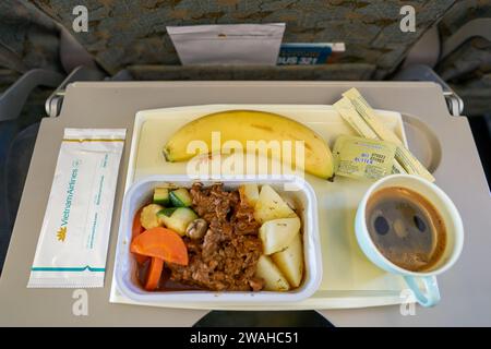 HO-CHI-MINH-STADT, VIETNAM - 24. MÄRZ 2023: Essen in der Economy-Klasse des Airbus A321 von Vietnam Airlines. Stockfoto