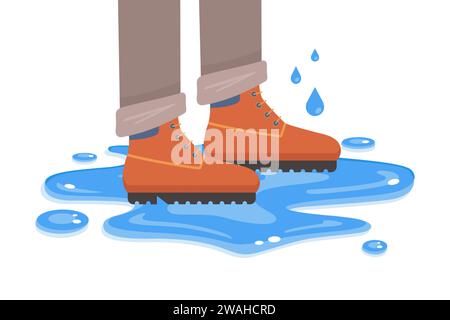 Wasserdichte Stiefel stehen auf einer Pfütze. Illustration des flachen Vektors. Stock Vektor