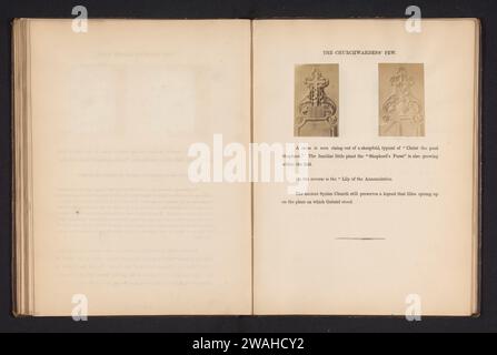 Zwei Dekorationen von Kirchenbänken für Kirchenwächter in St. Michael in Cornhill, Anonym, um 1857 - in oder vor 1867 Foto links: Ein Kreuz in einer Schaffalte, rechts: Die Lilie der Verkündigung. St. Michael fotografische Nachdruckbank für Albuminen. Das Kreuz  Symbole Christi. Blumen: lily Stockfoto