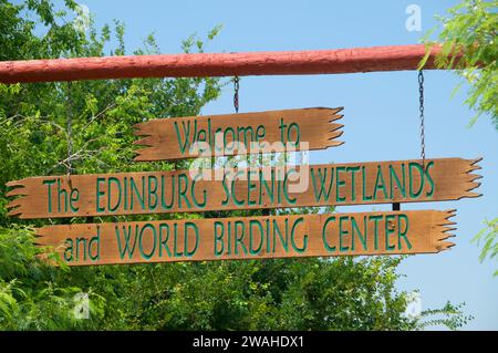 Eingang Zeichen, Edinburg Scenic Feuchtgebiete, Edinburg, Texas Stockfoto
