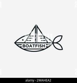 Einfache lustige lineare Boot Fisch Logo Symbol Vektorvorlage auf weißem Hintergrund Stock Vektor