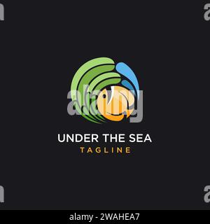 Unterwasser-Korallenfisch-Logo-Symbol-Vektorvorlage auf schwarzem Hintergrund Stock Vektor