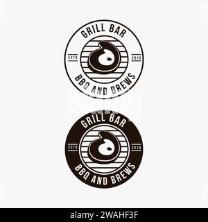 Vintage Grill Barbeque Logo Symbol Vektorvorlage auf weißem Hintergrund, grill mit Grillpfanne und Fleisch Logo Design Stock Vektor