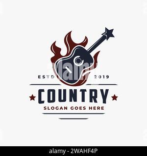 Auf Feuer Gitarre Country Music Western Vintage Retro Saloon Bar Cowboy Logo Design Vektorvorlage auf weißem Hintergrund Stock Vektor