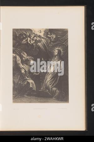 Fotoproduktion eines Stiches der Verkündigung durch Schelte Adamsz. Bolswert, nach dem Gemälde von Peter Paul Rubens, Jean Louis Bargignac, nach Schelte Adamsz. Bolswert, nach Peter Paul Rubens, um 1853 - in oder vor 1858 Foto Brüssel fotografischer Trägeralbumen drucken die Verkündigung: Maria kniend Stockfoto