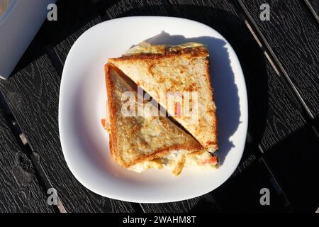 Sandwich mit Masala-Brot und Omelette im Straßenstil. Frisch gekochte Eier mit Zwiebeln, Tomaten und Gewürzen. Kopierbereich. Gesunde Frühstücksideen. Stockfoto