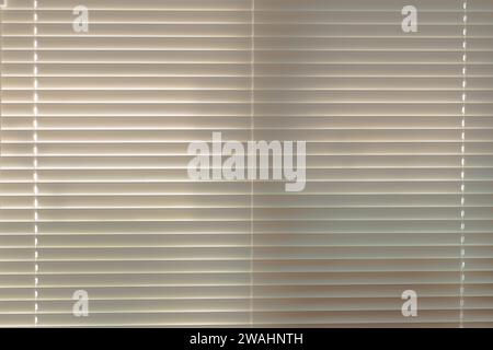 Weiße Fensterjalousien mit ein paar Schatten am Fenster, durch die die Sonne scheint Stockfoto