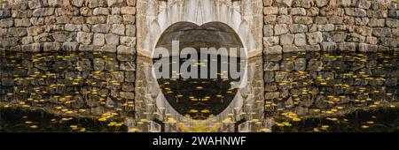 Abstrakte Wasserzusammensetzung durch Tunnel von verbliebenen Brücken und Steinmauer im öffentlichen Park Stockfoto