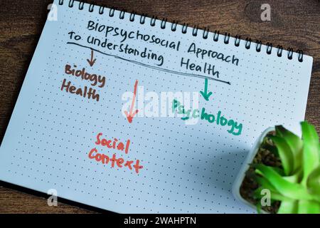 Konzept des biopsychosozialen Ansatzes zum Verständnis von Gesundheit schreiben auf Buch mit Schlüsselwörtern isoliert auf Holztisch. Stockfoto