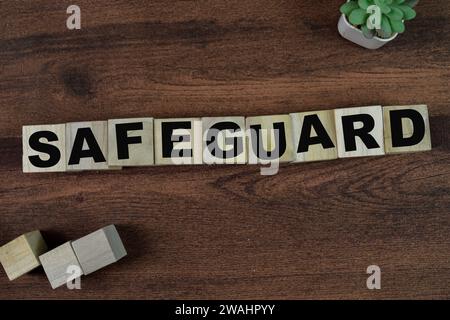 Konzept der Holzwürfel mit dem Wort Safeguard auf hölzernem Hintergrund. Stockfoto