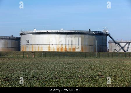 Mit Rohöl gefüllte Tanks bei der Oelhafen Rostock GmbH, EUROPORTS. Die PCK-Raffinerie in Schwedt wird von hier aus über eine Pipeline mit Rohöl versorgt Stockfoto