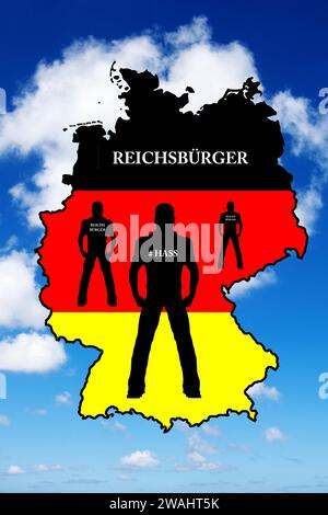 Reichsbuerger, Skinhead, Skinheads, Nazi, Nazis, rechts, rechts, Uhr, 5 bis 12, Deutschland, Nationalflagge, Karte von Deutschland, Reichsflagge, Wutbüerger, Osten Stockfoto