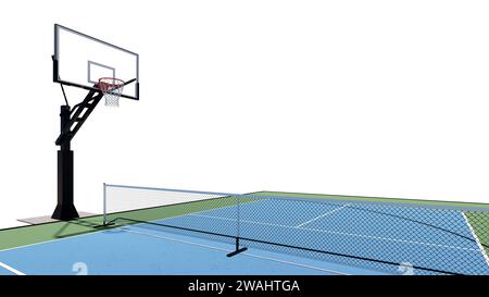 Luftaufnahme einer Kombination aus Basketball- und Pickleball-Court Multisport 3D-Rendering-Visualisierung Stockfoto