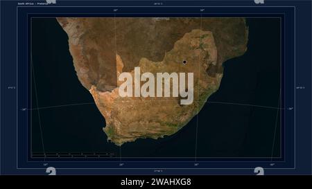 Südafrika wird auf einer niedrig auflösenden Satellitenkarte mit dem Hauptpunkt des Landes, kartographischem Raster, Entfernungsskala und Kartengrenzwert hervorgehoben Stockfoto