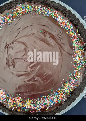 Dekorierte Schokoladen-Erdnussbutter-Tarte mit Schokoladen-Ganache-Topping und Schokoladen-Kekskruste Stockfoto