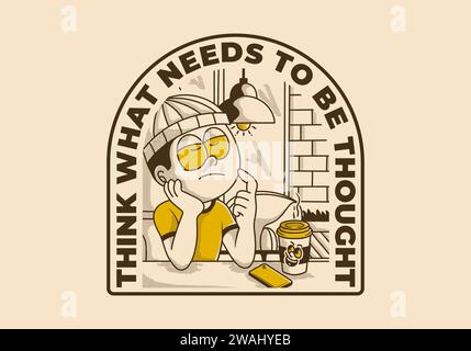 Denken Sie darüber nach, was gedacht werden muss. Eine alte Illustration eines Jungen im Café denkt an etwas Stock Vektor