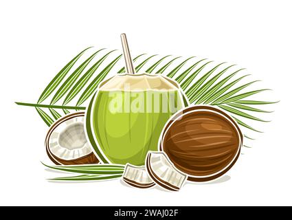 Vektor-Logo für Kokosnussmilch, dekoratives horizontales Poster mit Umrissillustration der Kokosnusszusammensetzung mit Palmzweig, Zeichentrickdesign fruchtig pri Stock Vektor