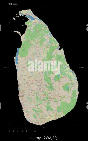 Form einer topografischen Karte im OSM-Standard von Sri Lanka mit Entfernungsskala und Kartenrandkoordinaten, isoliert auf Schwarz Stockfoto