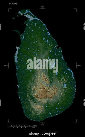 Form einer farbigen Höhenkarte mit Seen und Flüssen Sri Lankas, mit Entfernungsskala und Kartengrenzkoordinaten, isoliert auf schwarz Stockfoto