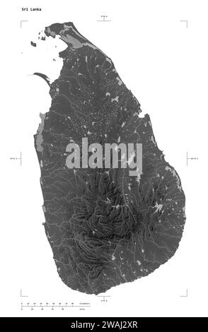 Form einer grauen Höhenkarte mit Seen und Flüssen Sri Lankas, mit Entfernungsskala und Kartengrenzkoordinaten, isoliert auf weiß Stockfoto
