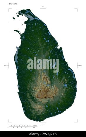Form einer farbigen Höhenkarte mit Seen und Flüssen Sri Lankas, mit Entfernungsskala und Kartengrenzkoordinaten, isoliert auf weiß Stockfoto
