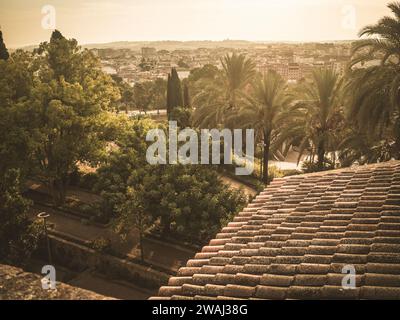 Ein Blick aus der Vogelperspektive auf Badajoz mit einem Park mit Palmen und einer Stadtlandschaft im Hintergrund. Stockfoto