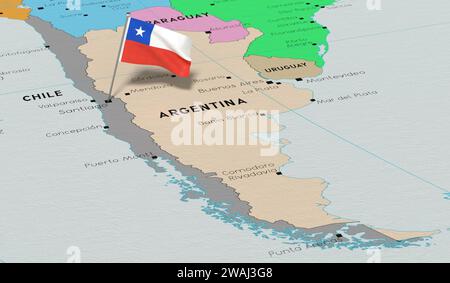 Chile, Santiago - Nationalflagge auf politischer Karte fixiert - 3D-Illustration Stockfoto